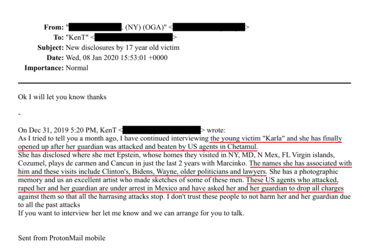 Email correspondence discussing new disclosures by a 17-year-old victim following an incident involving US agents in Chetumal, highlighting her associations and experiences.
