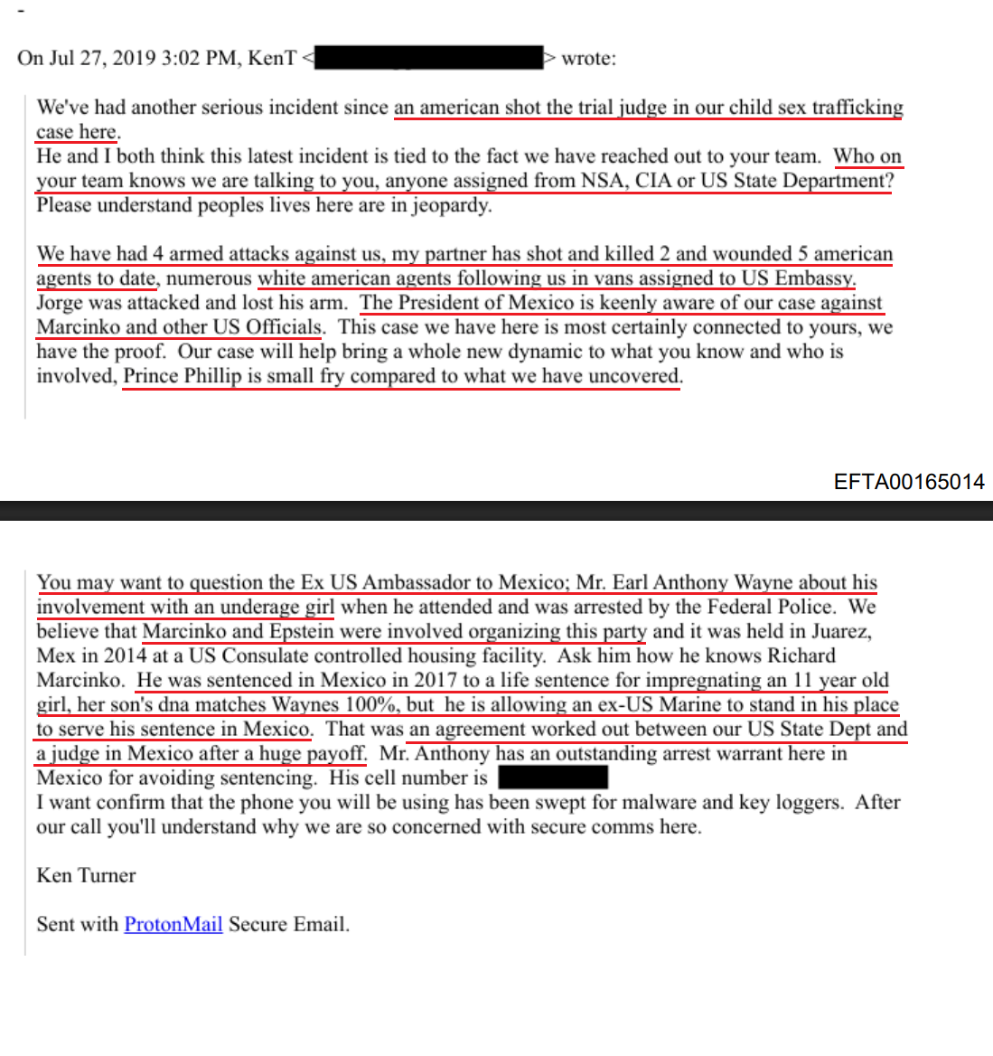 Email discussing serious incidents involving American agents, child trafficking case, and potential connections to U.S. officials and security concerns.