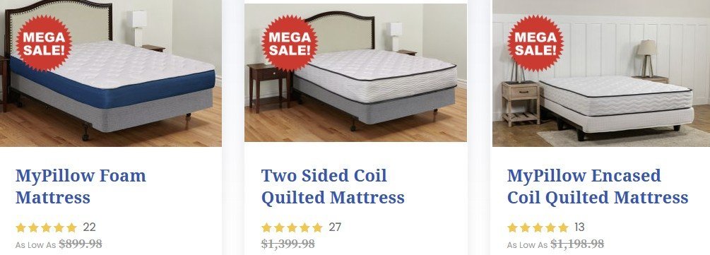 Three different MyPillow mattresses on sale, showcasing foam, two-sided coil, and encased coil options with pricing and star ratings.
