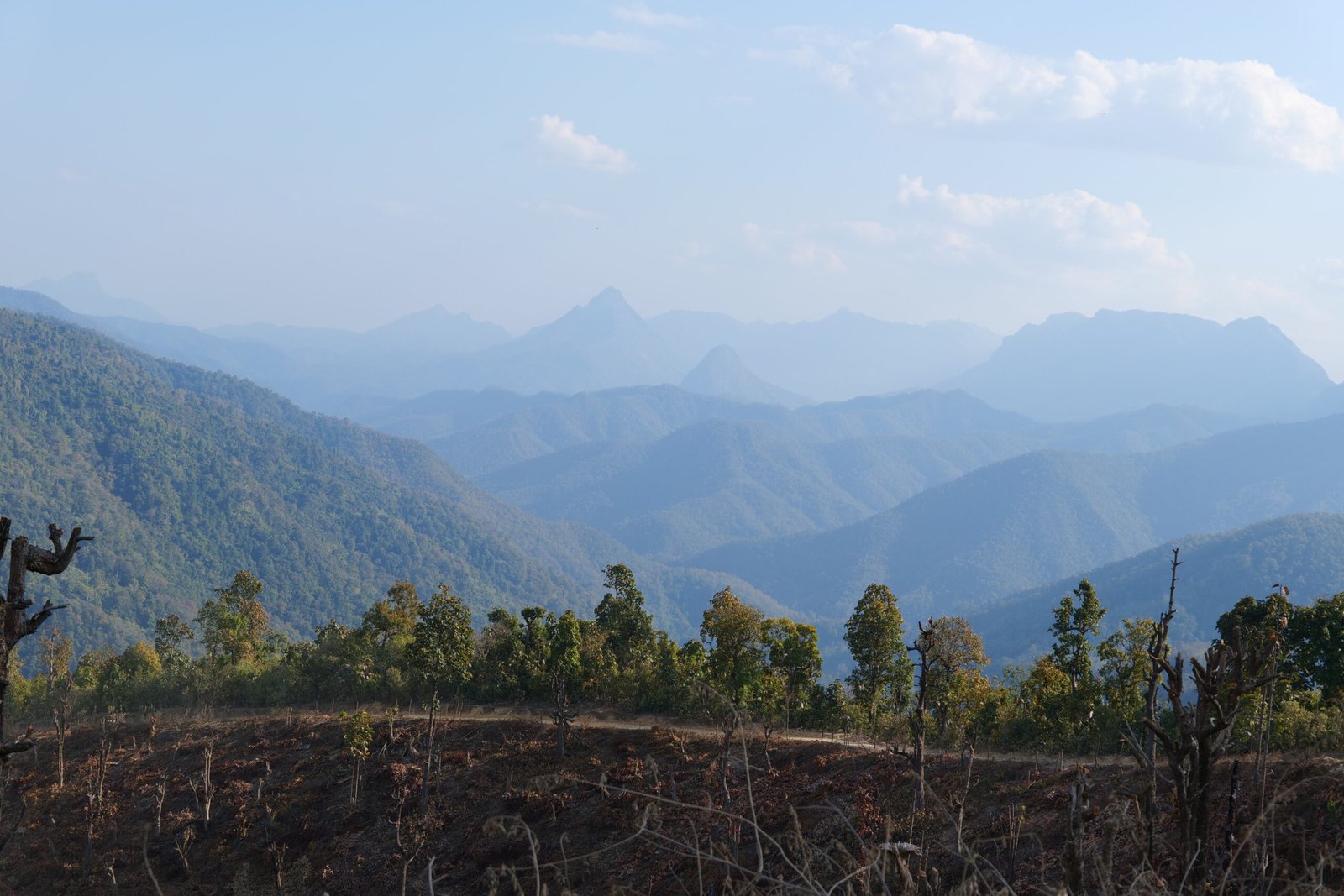 Scenic view of layered mountains under a blue sky, showcasing lush greenery and a serene landscape perfect for nature enthusiasts and photographers.