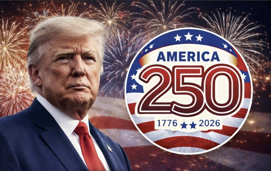 Donald Trump with a patriotic backdrop featuring fireworks and a logo commemorating America's 250th anniversary from 1776 to 2026.
