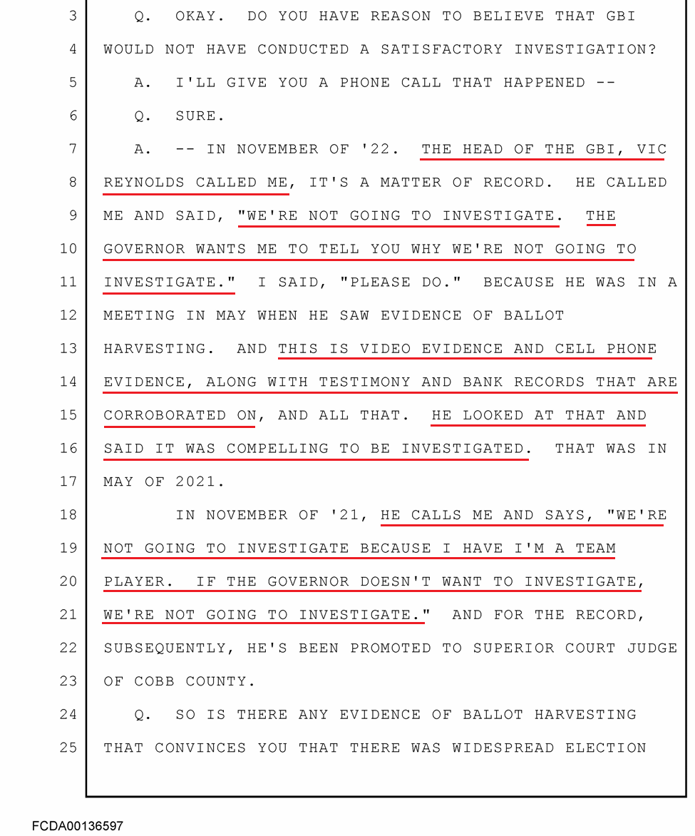 Testimony discussing allegations of ballot harvesting and the refusal to investigate by the Georgia Bureau of Investigation in November 2022.