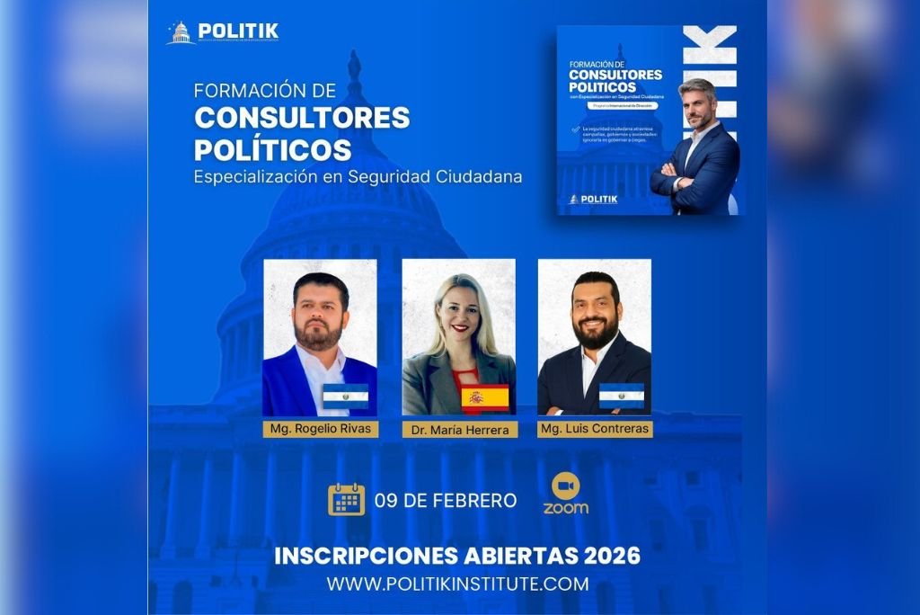 Promotional graphic for Politika Institute's training program for political consultants specializing in citizen security, featuring instructors and registration details for a February 9 event.