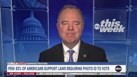 Adam Schiff discusses voter ID laws on ABC's This Week, highlighting a Pew survey showing 83% of Americans support requiring photo identification to vote.