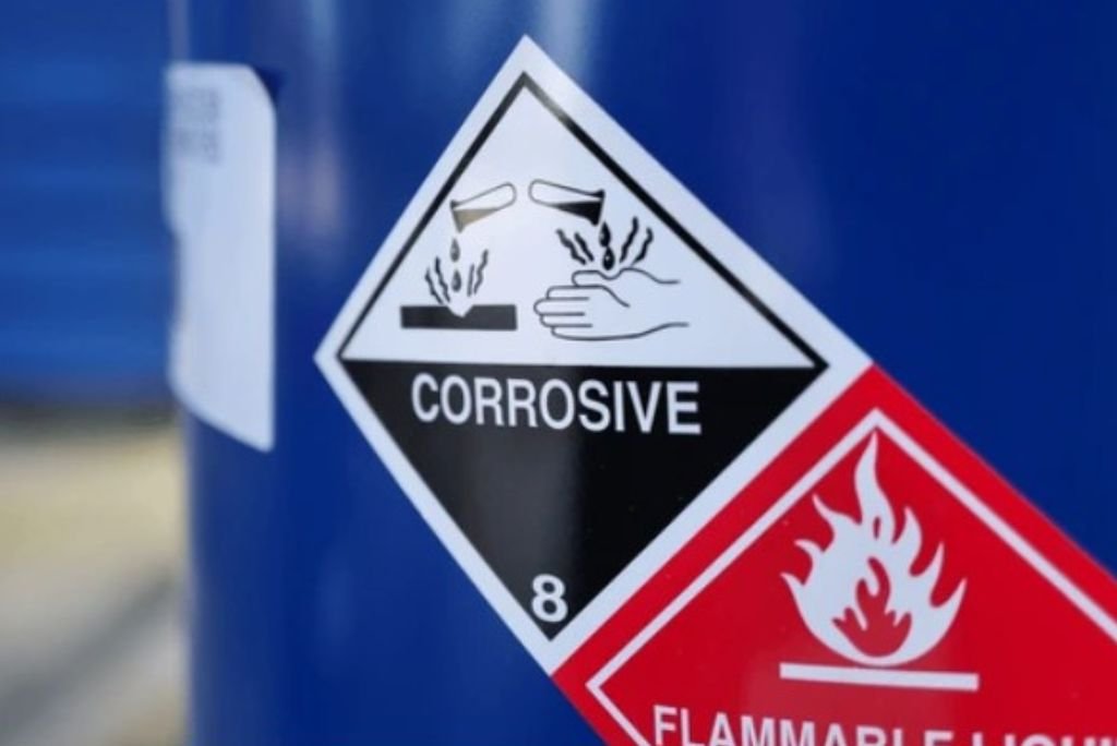 Corrosive material warning label indicating hazardous chemical properties and potential risks, including skin and eye damage.