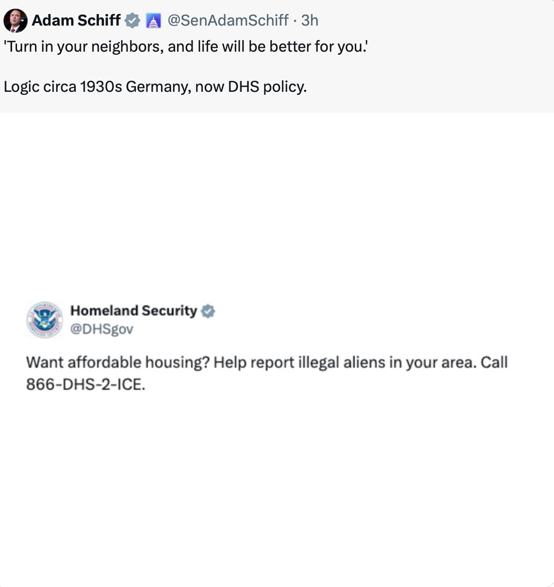 Tweet from Adam Schiff discussing a Homeland Security message about reporting illegal aliens, drawing historical comparisons.