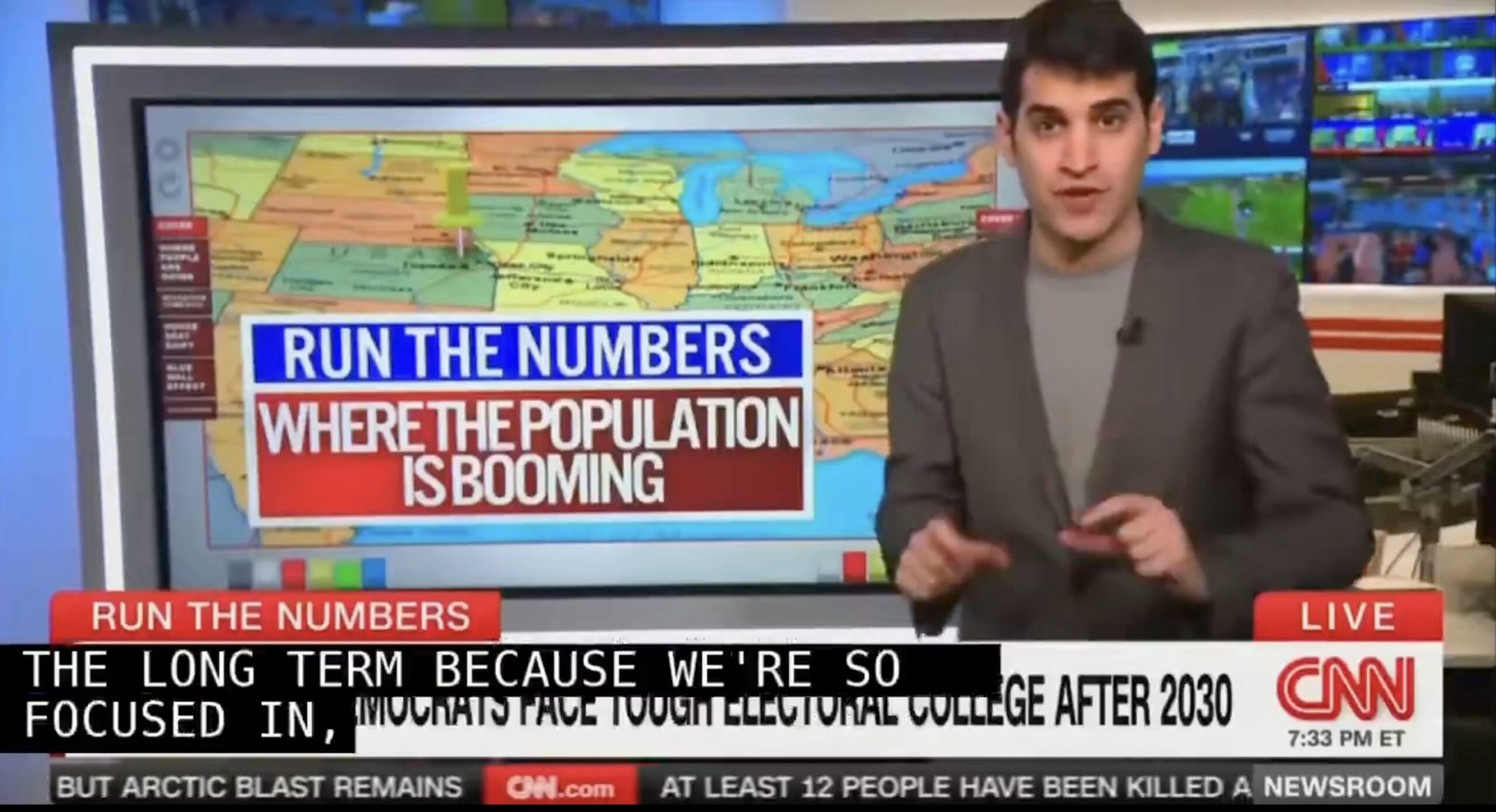 CNN segment featuring a presenter discussing population trends in the United States, with a colorful map highlighting areas of growth and electoral implications.