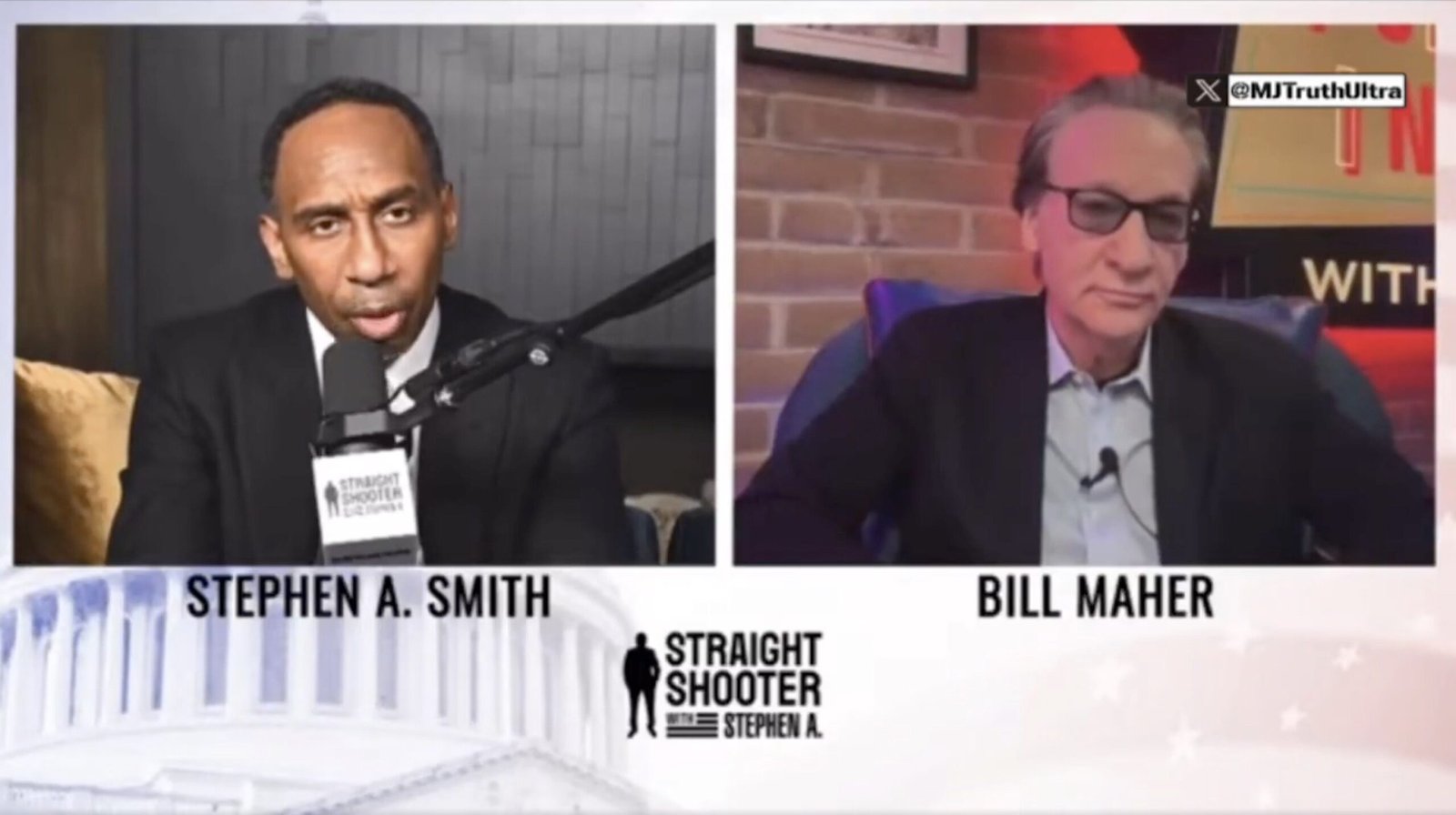 Stephen A. Smith interviews Bill Maher on the show Straight Shooter, discussing current events and cultural topics in a split-screen format.
