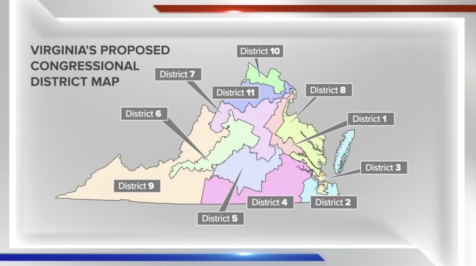 Map of Virginia's proposed congressional districts, highlighting the boundaries and labels for each of the 11 districts.