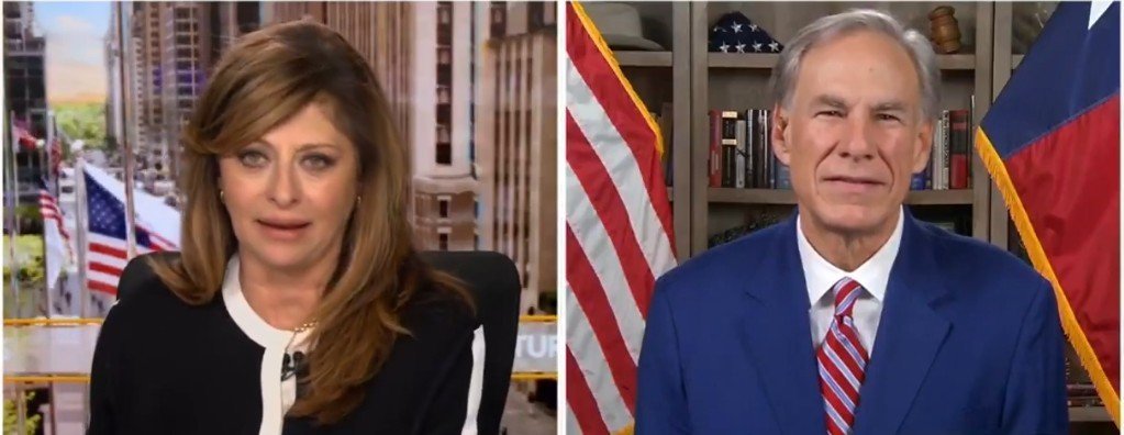 News anchor Maria Bartiromo interviews Texas Governor Greg Abbott, with American flags in the background, discussing key political issues and current events.