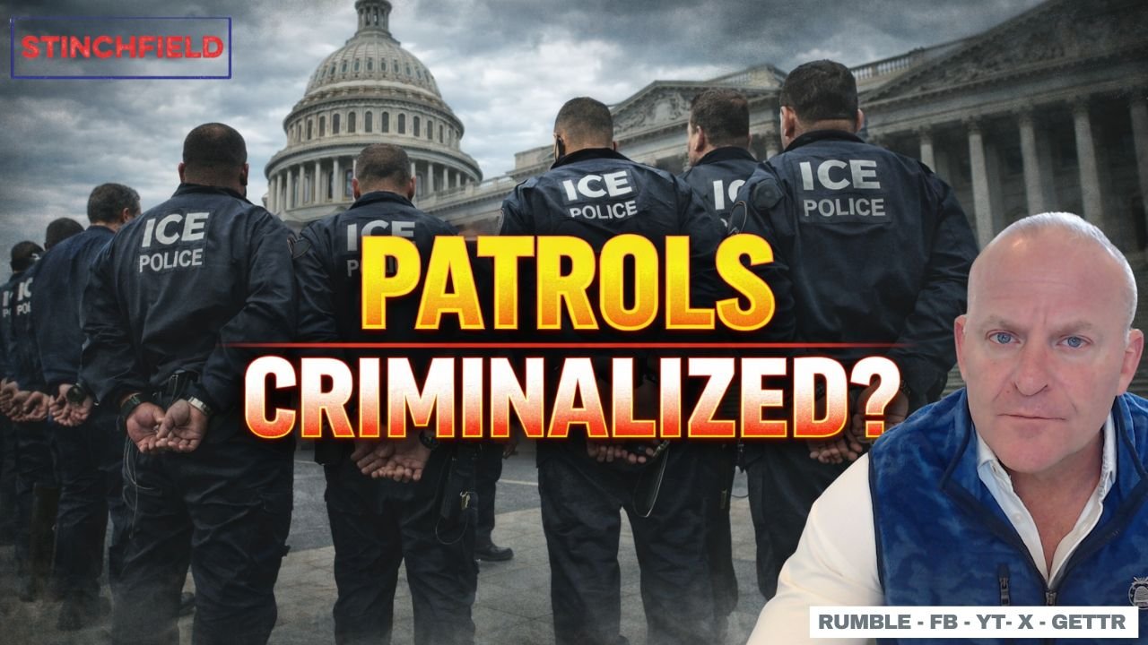 ICE police officers stand in front of the Capitol building, questioning the criminalization of patrols, with a commentator addressing the issue.