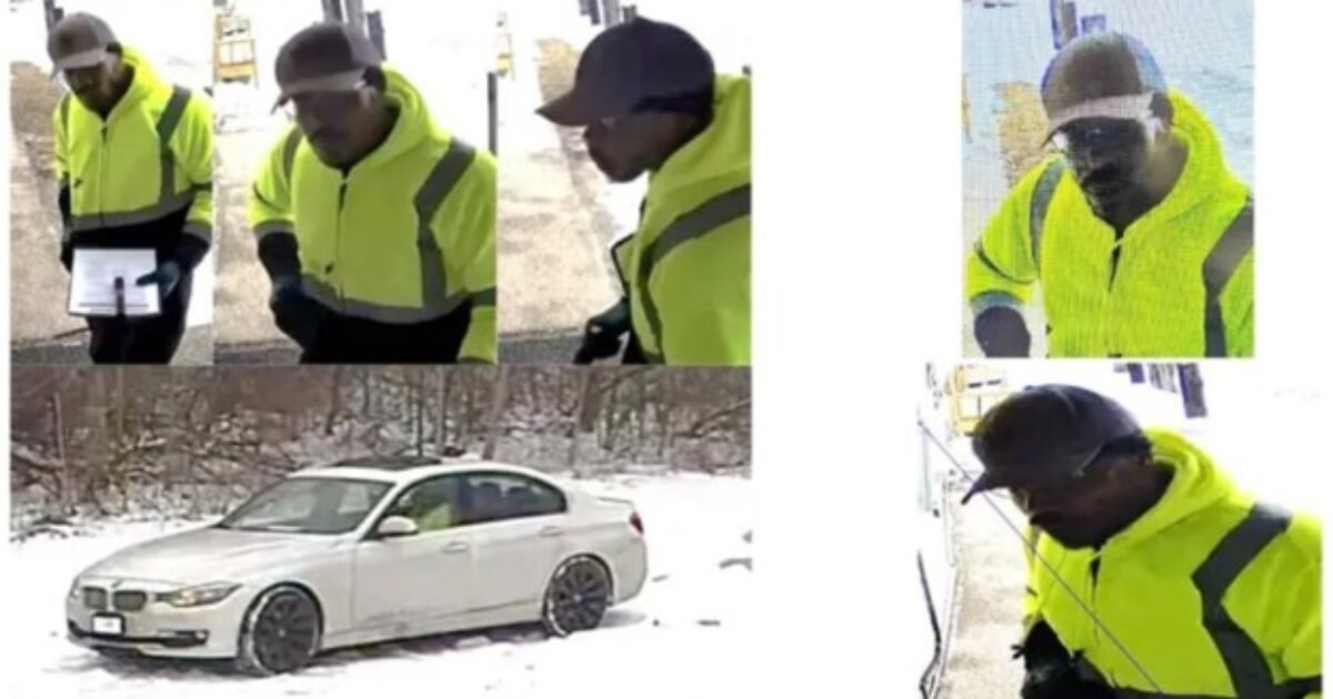 Surveillance images of a man in a bright yellow jacket and a white BMW sedan in a snowy environment.