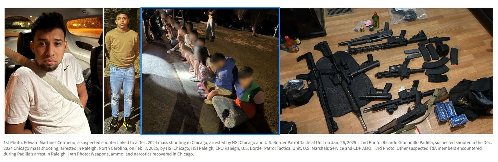 Image depicting two suspected shooters linked to a Chicago mass shooting, alongside individuals in custody and recovered firearms and ammunition.
