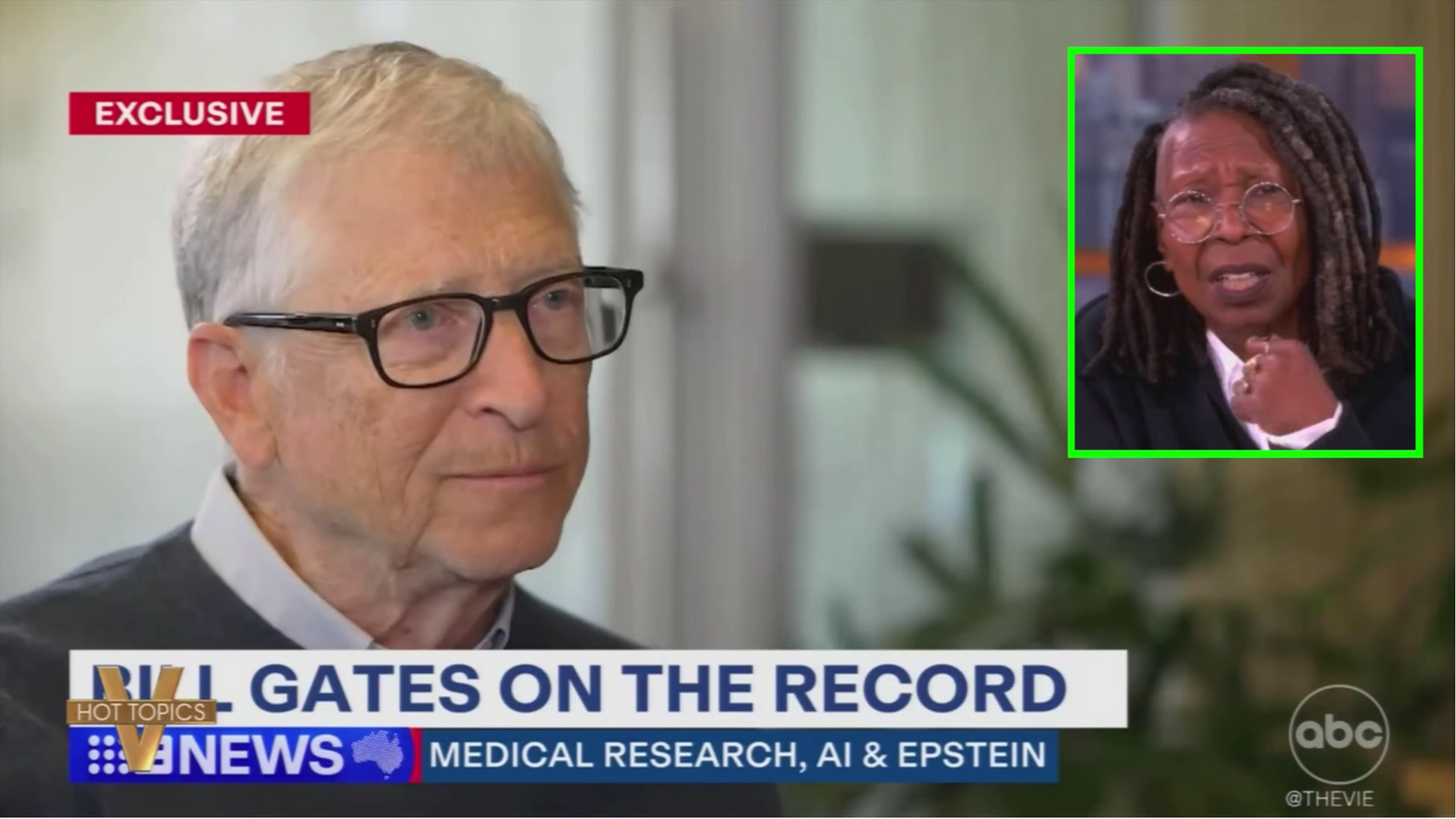 Bill Gates discusses medical research and artificial intelligence in an interview, with Whoopi Goldberg featured in an inset for commentary.