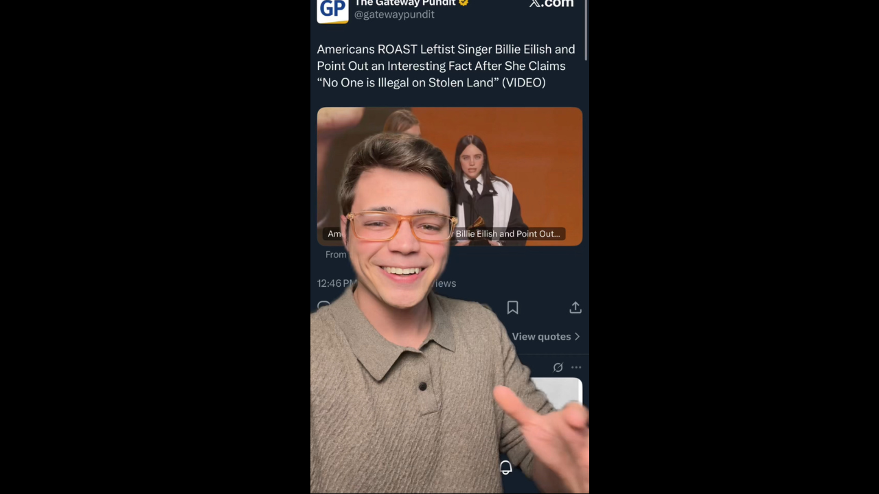 Person smiling and gesturing in front of a screen displaying Billie Eilish's controversial statement about immigration and land rights.